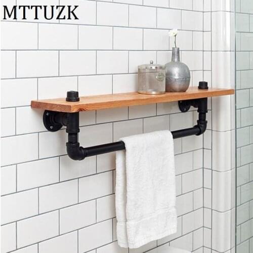 MTTUZK Black Iron Pipe Toilet Towel Holder Industrial Retro Style Wall Mounted Towel Bar With Wood Shelf In Wall Bookshelf
