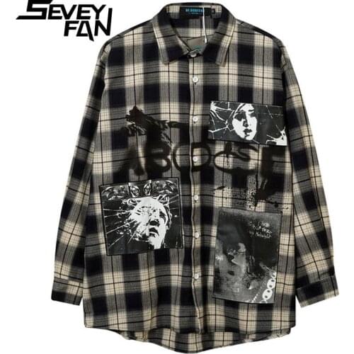 Seveyfan Mens Fashion Characters Painted Plaid Shirts Hip Hop Streetwear Loose Cotton Shirts for Male