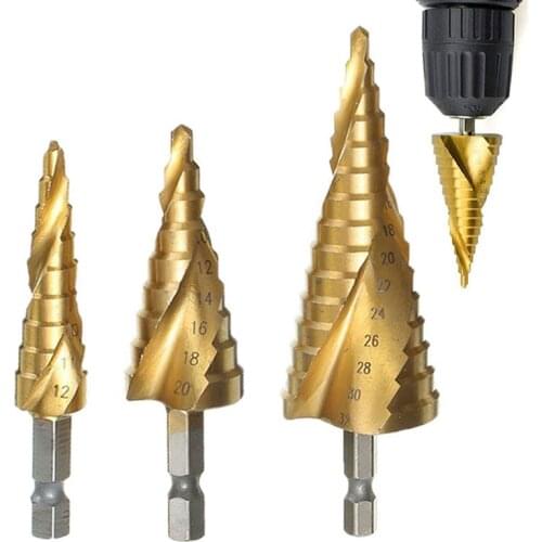 HSS Spiral Grooved Step Drill Bit 4-12/20/32mm Wood Drill Bit Set Carbide Mini Drill Accessories Titanium Cone Drills for Metal