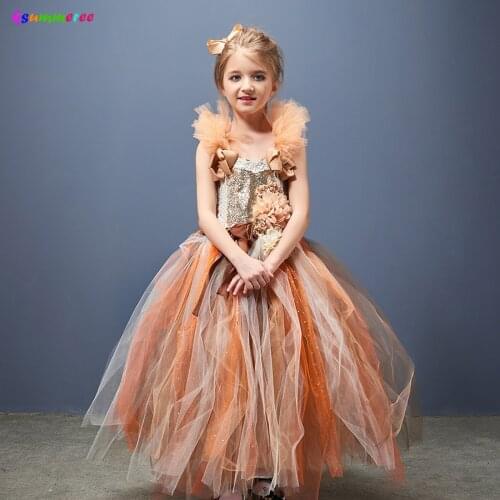 Autumn Fairy Flower Girls Gown Tutu Dress Glitter Sparkle Party Tulle Fancy Dress Fall Wedding Thanksgiving Halloween Outfit