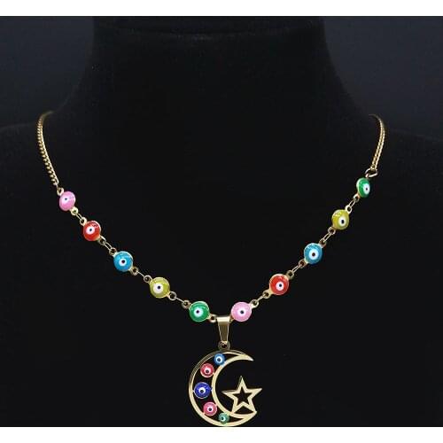 Stainless Steel Islam Moslin Colorful Turkey Eye Moon Star Necklaces Women Gold Color Chokers Necklaces Jewelry cadena N5216S04