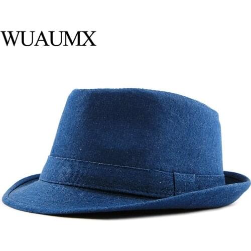 Wuaumx Spring Summer Mens Hat Solid Fedoras Hat For Men Women Retro Denim Bowler Hats Gentleman Jazz Caps Adult Classic Fedoras