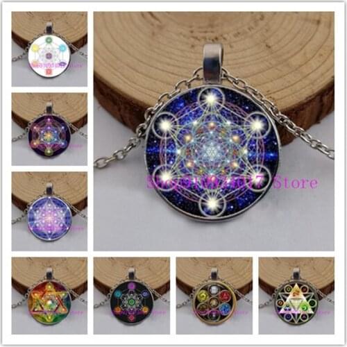 Mysterious Metatron Cube Necklace Sacred Geometry Flower of Life Glass Pendants Magic Hexagram Choker Jewelry for Unisex