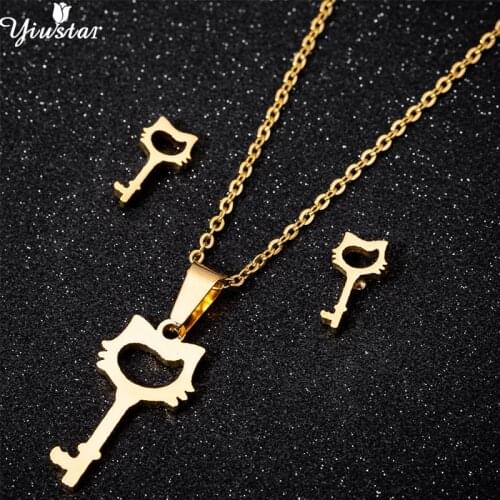 Yiustar Hollow Cute Head Key Shape Necklaces For Women Ladies Cat Cartoon Key Chain Pendant Chokers Jewelry Sets