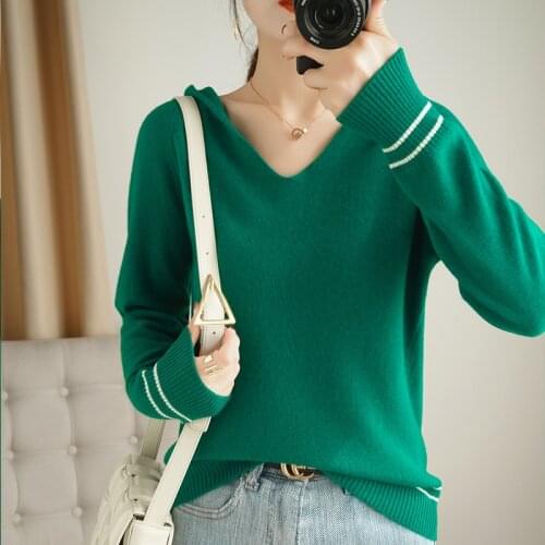 Hot Sale Hooded Sweater for Women 100% Pure Wool Knitting Pullovers Female Jumper New Fahion Deep-Collar Woolen Knitwear