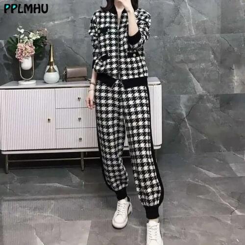 Fashion black white plaid patchwork tracksuit knit two piece suit women 2020 new style zipper coat top + stripe harem pants