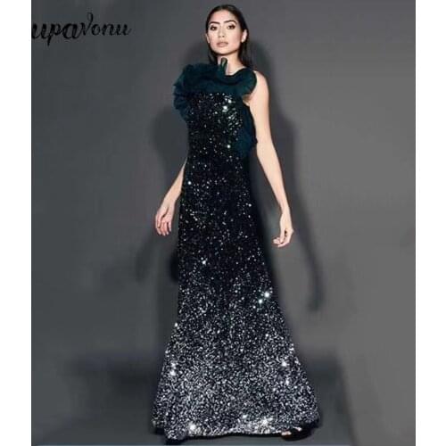 Free Shipping High Quality Green Sequined Long Dresses Women Sexy Strapless Backless Mesh Ruffle Celebrity Club Runway Vestidos