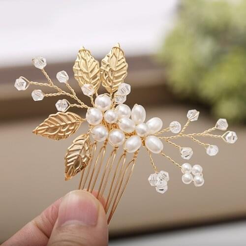 2Piece Bridal Hair Accessories Pearl Hair Comb Golden Leaves Wedding Hairpin Accessories Jewelry Lady Hair Accessories Headdress