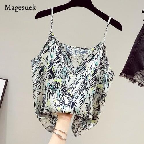 2021 Summer New Women Chiffon Blouse V-neck Print Sleeveless Blouse for Women Casual Sexy Office Lady Slim Tops Blusa 15137