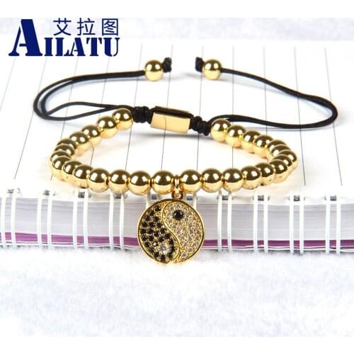 Ailatu Wholesale Best Quality 6mm Brass Beads Micro Inlay Black Cz YingYang Tai Chi Charms pendants Macrame Bracelet