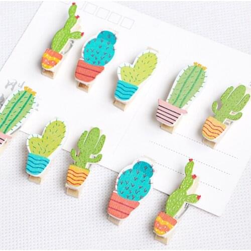 Free shipping 10packs Cartoon cactus color note wooden clip Memo Clips Stationery Office School Colored Notes Wood Clips