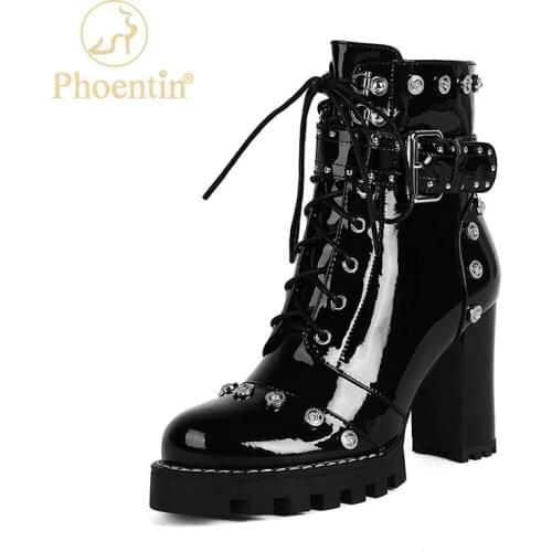 Phoentin Punk rivet vintage high-heels ankle boots 2021 new platform modern shoes womens fashion short black boot FT1652