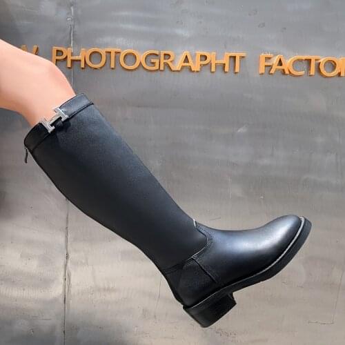 Elegant simple style genuine leather square toe med heels side zipper winter warm women brand thigh high boots