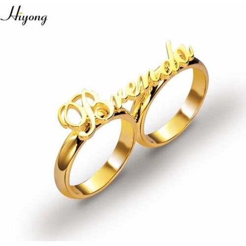 HIYONG Gold Plated Customized Ring Personalzied Name Rings Two Fingers Custom Letter Rings Stainless Steel Jewelry for Women Men