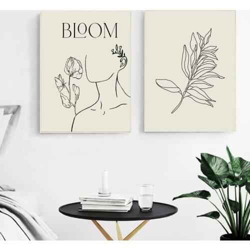 Bloom Fine Line Abstract Print Boho Minimalist Poster Wall Art Canvas Painting Pictures Neutral Scandinavian Style Home Decor