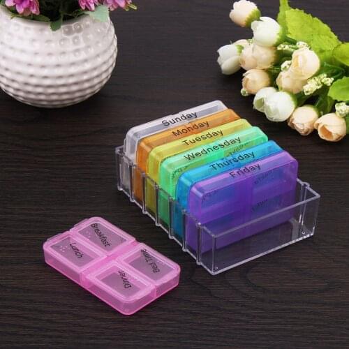 28 Cells Weekly Pill Box For Medicine Health Storage Container With Printed Braille Detachable Safe Seperated Rotating Cover