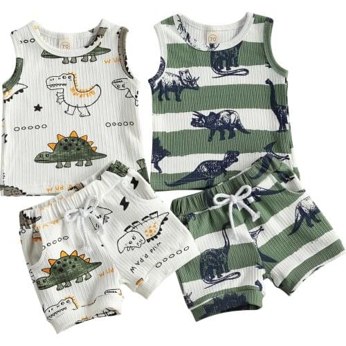 2Pcs Baby Summer Tracksuits, Cartoon Dinosaur Print Sleeveless Vest + Elastic Waist Shorts for Toddler Boys, 0-24 Months