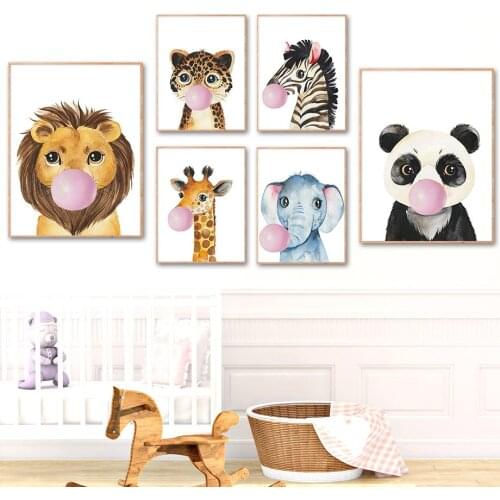 Pink Bubble Lion Panda Giraffe Zabra Nordic Posters And Prints Nursery Wall Art Canvas Painting Wall Pictures Kids Room Decor