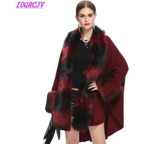 Autumn winter ladies knit sweater cardigan shawl coat fox fur collar Bat sleeve cloak coat Large size Sweater Women IOQRCJV H289
