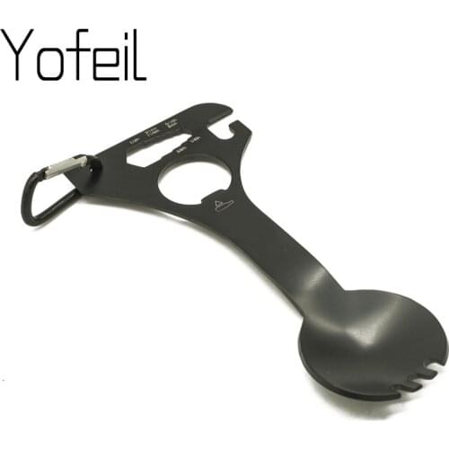 Outdoor Stainless Steel Multi Function EDC Hex Wrench Bottle Opener Carabiner Spoon Fork Camping Picnic Tableware Tactical Spork