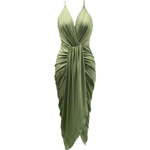 Patchwork Dress For Women V Neck Sleeveless Sling Cross Ruched Split Asymmetric Hem Dresses Female 2020 Summer New Style K802