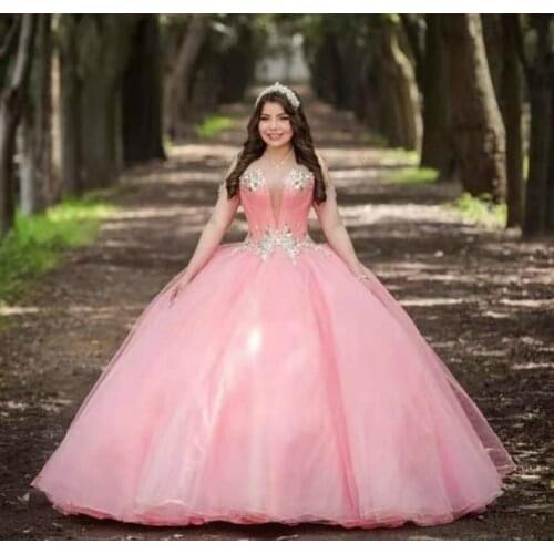 Pink Quinceanera Dresses 2020 Deep V Neck Sweet 15 16 Dresses Backless Puffy Rock Birthday Party Sweep Train Beautiful