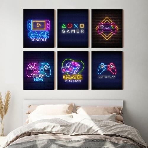 Nordic Minimalist Canvas Painting Neon Boys Gamepad Illustration Game Wall Art Posters And Print Joystick For Kids Room Decor