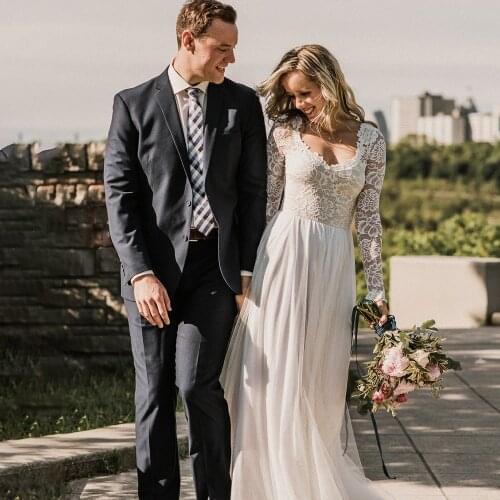 Long Lace Sleeves Boho Wedding Party Dress Open Back Tulle A Line V-Neck Beach 2021 Elegant Plus Size Princess Maxi Bridal Gowns