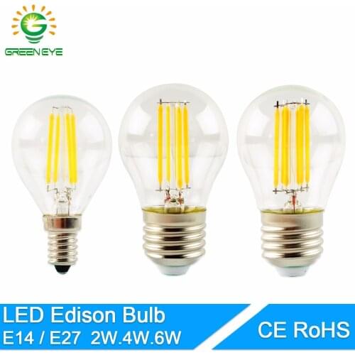 GreenEye LED Bulb E27 E14 G45 AC 220V 240V 2W 4W 6W LED Glass Ball Bulb Edison lamp Antique Retro Vintage Led Filament Light