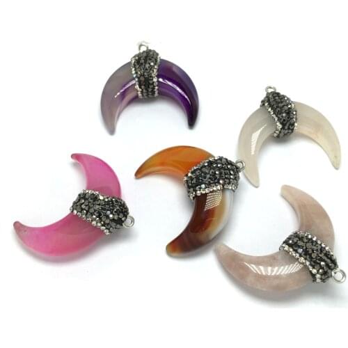 Trendy Natural Stone Agates with Crystal Pendants Moon Shape Pendant Charms For Jewelry Making DIY Necklace Accessories