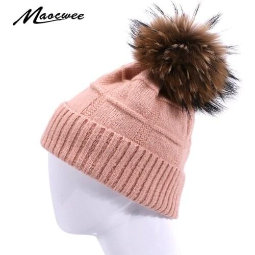 Women Girls Knitted Beanies Hat With Real Fur Pompom For Female Winter Hats Warm Thick High Quality Skullies Beanie Bonnet Caps