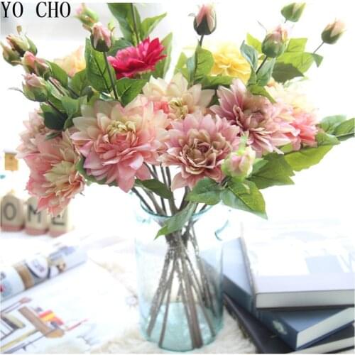 YO CHO Artificial flowers fall vivid fake leaf wedding flower bridal bouquets Home Silk flower wedding bouquet roses dahlias