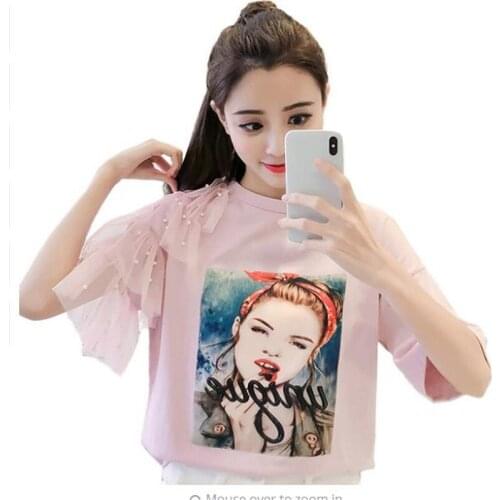 2018Fashion Women T shirts Summer Ruffles Mesh Patchwork Pearls Beading T-shirt Female Harajuku Tops Short Sleeve Loose TopsQ154