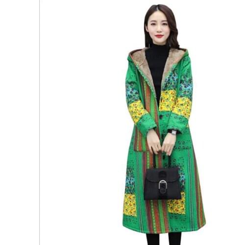 Female Jacket Plush Coat Women Windbreaker Winter Warm Outwear Floral Print Hooded Pockets Vintage Oversized Coats Plus FC284