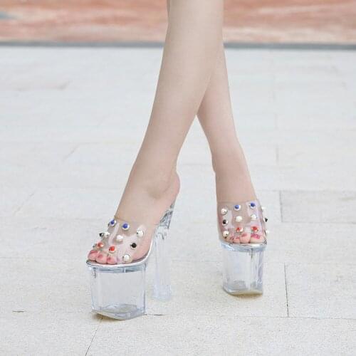 Woman Colorful Rhinestone Transparent PVC Sandals Heels Ultra High Heel Waterproof Thick With Crystal String Beads Shoes