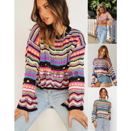 2021 New Stitching Sweater Loose Inter-color Rainbow Round Neck Striped Sweater Women