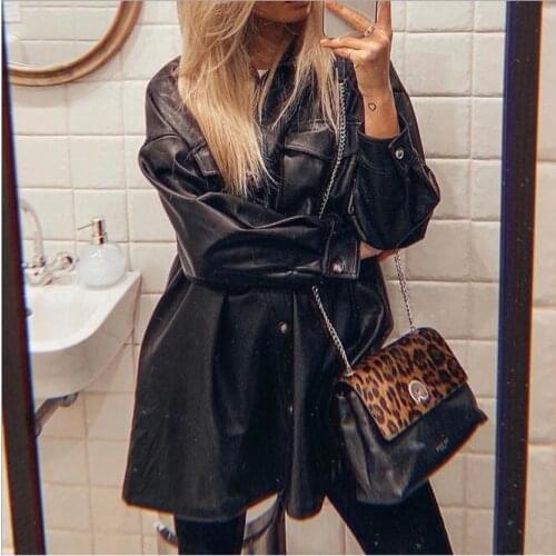 Rebicoo Explosion style autumn and winter womens leather coat jacket was thin tie waist PU leather long-sleeved dress