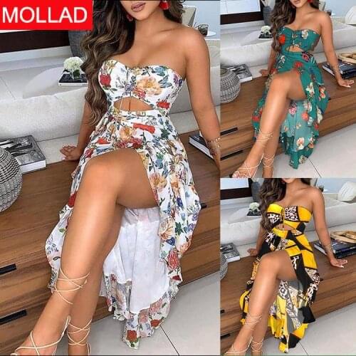 2021 New Dress Europe and America Cross Border Summer Hot Print Off-the-Shoulder Tube Top Split Lotus Leaf Dress for Women