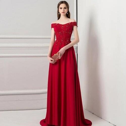 Burgundy Evening Dresses Off-Shoulder Handmade Appliqued Illusion Beaded Collar Lace-up Formal Prom Gowns Special Occasion Dress