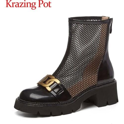 Krazing Pot summer ankle boots sheep leather round toe med heels metal fasteners fashion sunscreen zipper breathable shoes L2f1