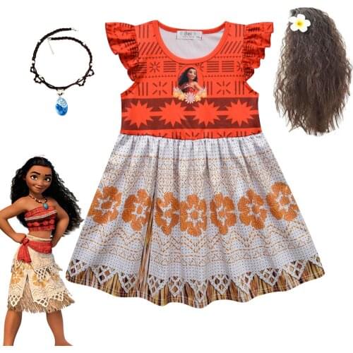 Girls Moana Costume for Kids Vaiana Princess Dresses Flying Sleeve Dress Necklace Wig Baby Girl Birthday Gifts Halloween Costume