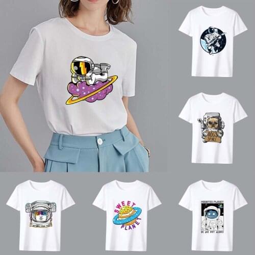 Womens Fashion Street Casual T-shirt Dream Space Astronaut Print Pattern Series O-Neck Top Slim Commuter Polyester Soft Shirt