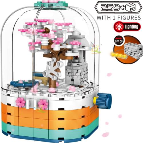 HUIQIBAO 259Pcs Oriental Cherry Theme Kimono City Building Blocks Sakura Tree Creativity Luminous Bricks Figures Toys Children