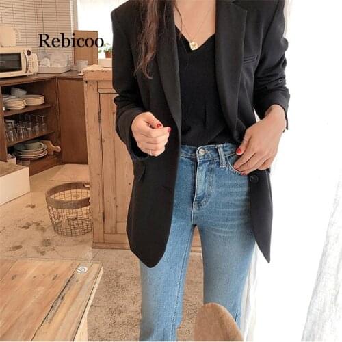 Rebicoo Spring New Fashion Blazer Jacket Women Casual Pockets Long Sleeve Work Suit Coat Office Lady Solid Slim Blazers