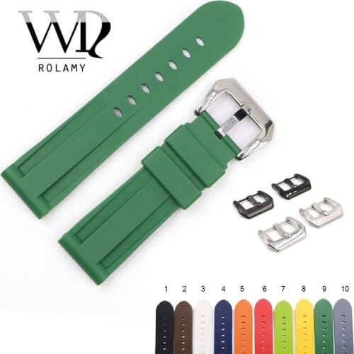 Rolamy 22 24mm Watch Band For Panerai Luminor Pure Green White Black Waterproof Silicone Rubber Replacement Watchbands Strap