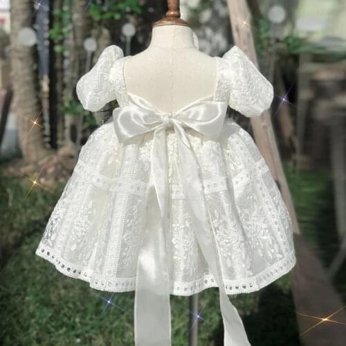 High Quality Kids Clothes Girls Summer Dress 2021 Puff Sleeve Children Dresses Satin Big Bow Lace Princess Birthday Party Dress