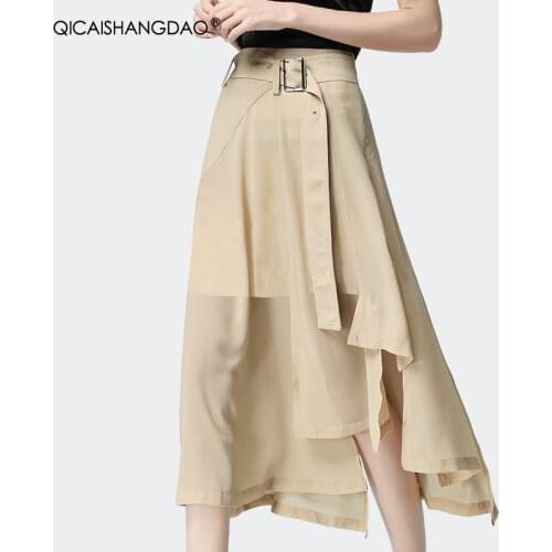 Elegant Irregular Mid-Length A-Line Women' Skirt 2021 Spring Summer New Belt Lace-Up Khaki Draped Female Skirts Plus Size