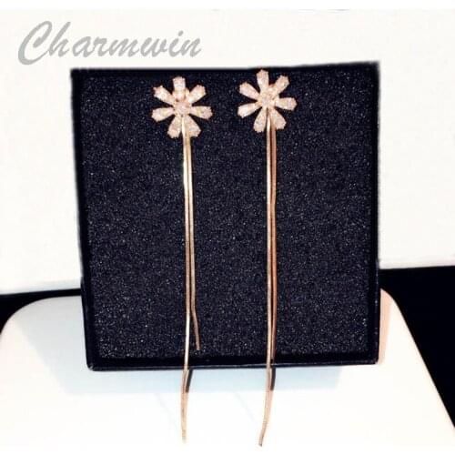 Charmwin Sweet Flower Chain Tassel Long Earrings Cubic Zirconia Dangle Earrings For Women Jewelry PE1511
