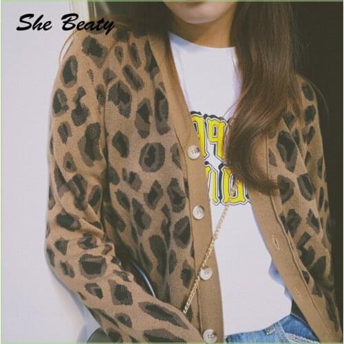 Knitted Leopard Sweater Cardigans Women 2021 Autumn Winter Single Breasted Loose Casual Streetwear Koran Fashion Traf Tops Mujer