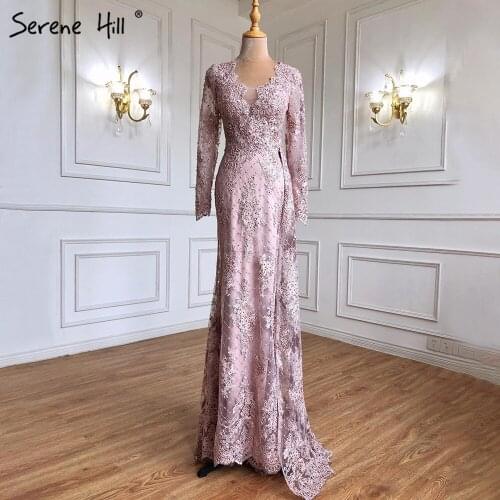 Serene Hill Muslim Pink Mermaid Lace Beaded Luxury Evening Dresses With Overskirt Gowns 2021 Crystal For Women Party CLA71164